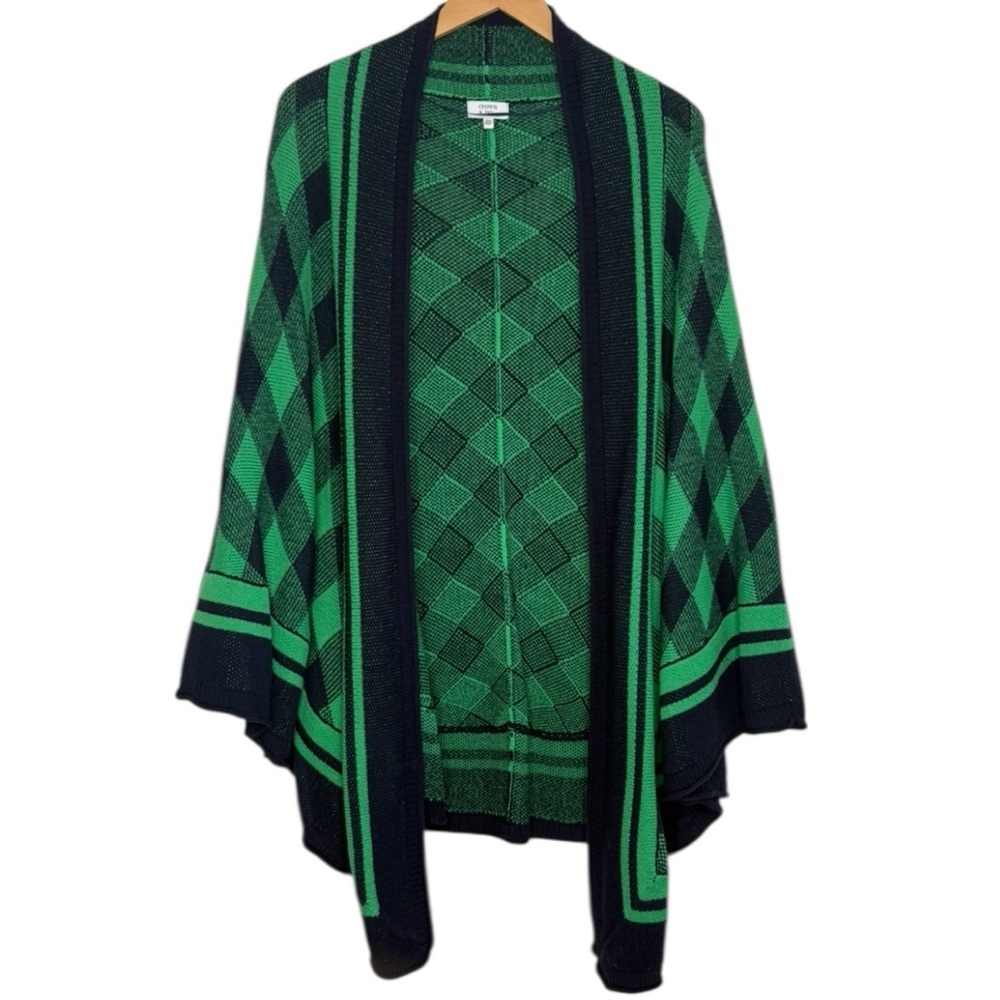 Crown & Ivy Green and Navy Knit Plaid Poncho Sweater